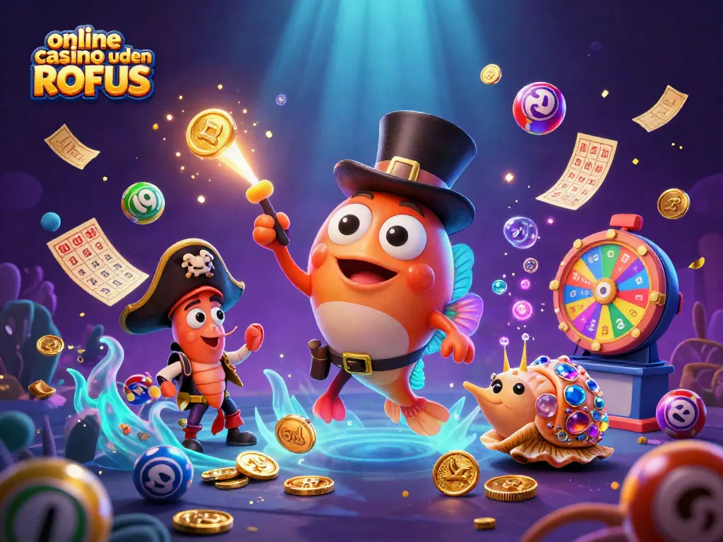 Win big at online casino uden ROFUS with colorful dynamic lottery-themed illustrations.