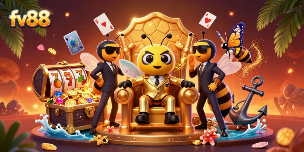 Engage in thrilling casino adventures with fv88 featuring a bumblebee mob boss, wasp bodyguards, and vibrant slot elements.