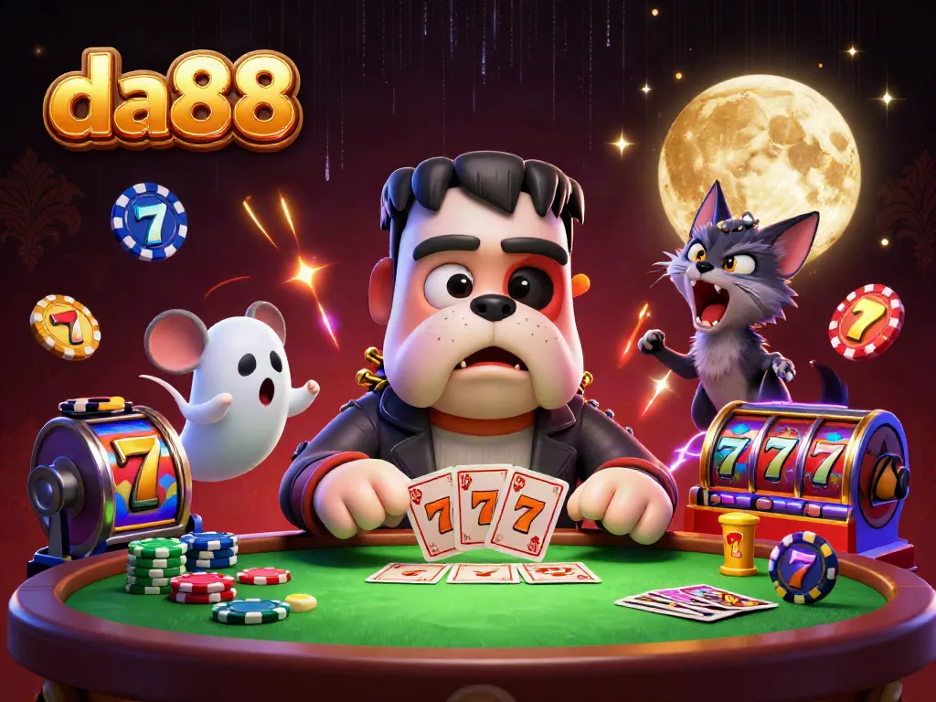 Win big with DA88: a vibrant 3D scene of a Frankenstein bulldog dealer, ghost mouse, and werewolf kitten at a casino table.