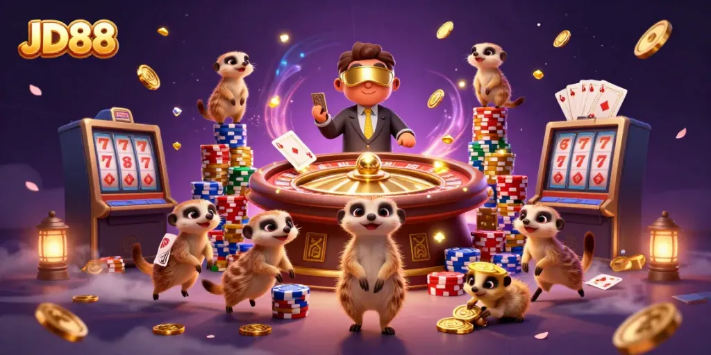 JD88 brings thrilling casino fun with meerkats managing games and spinning roulette wheels amidst cascading coins.