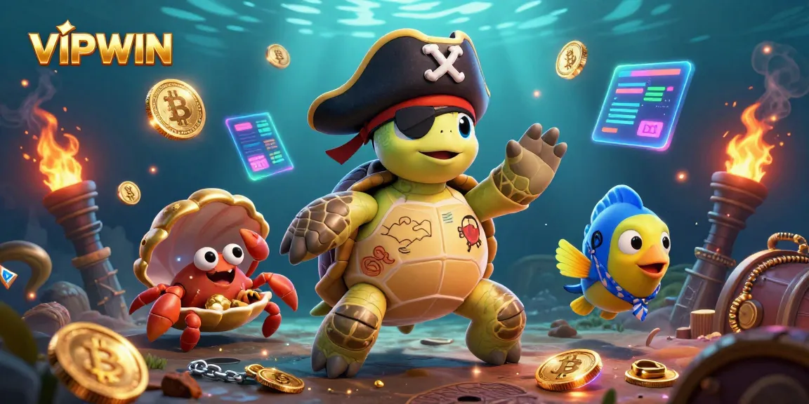 Bet on VIPWIN's exciting games with a colorful underwater adventure scene featuring a pirate turtle.