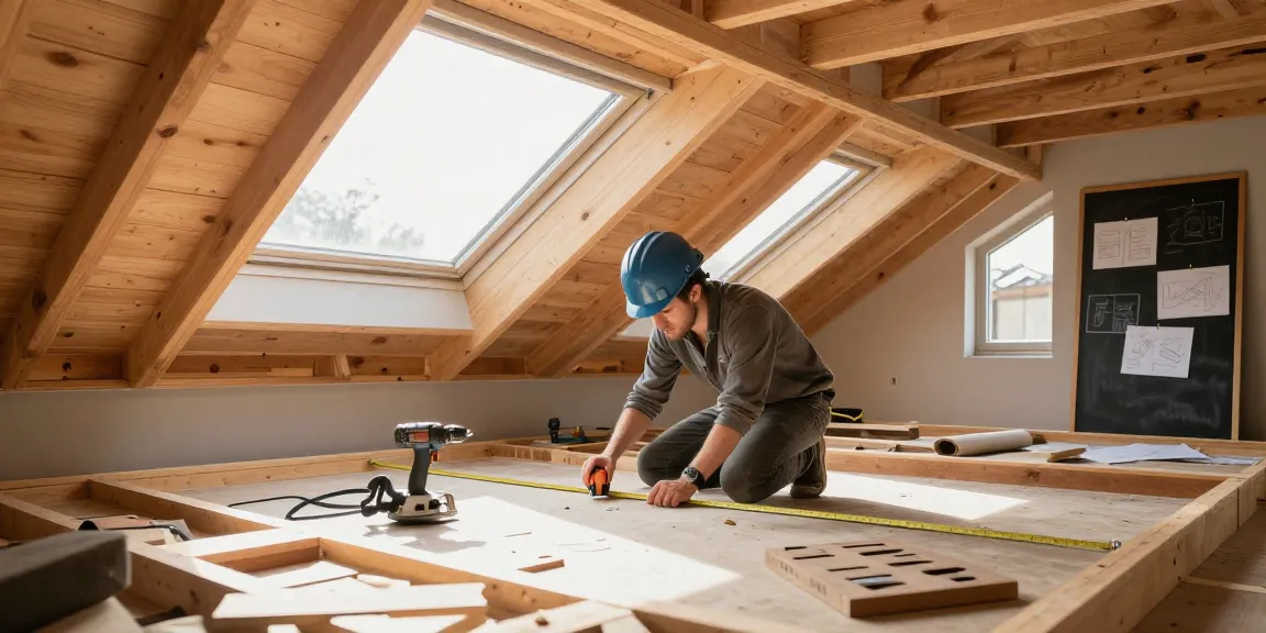 Dachgeschossausbau Augsburg: Handwerker bei der Renovierung eines modernen Dachgeschosses mit Holzdetails und Werkzeugen.