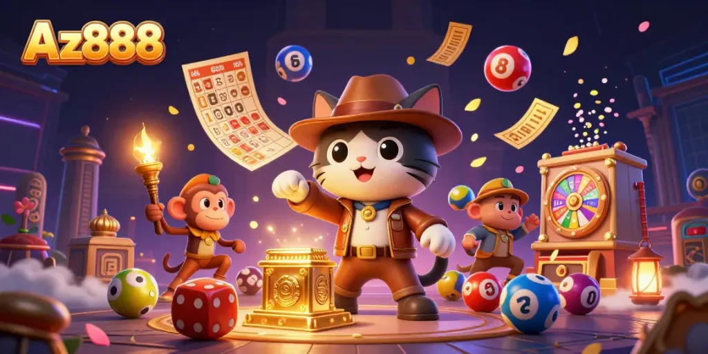 Experience the thrill of Az888 with an archaeologist cat discovering casino treasures in an adventurous scene.