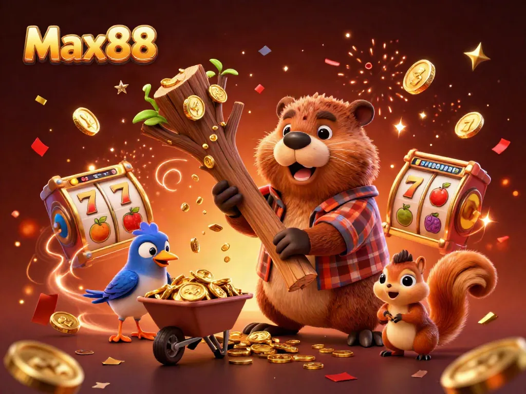 Max88 features a lively scene where a beaver, bird, and squirrel celebrate while playing slot machines, surrounded by vibrant casino elements.