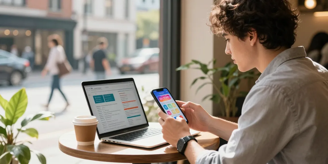 Männliche Instagram Follower kaufen: Ein junger Unternehmer analysiert Instagram-Daten in einem städtischen Café.
