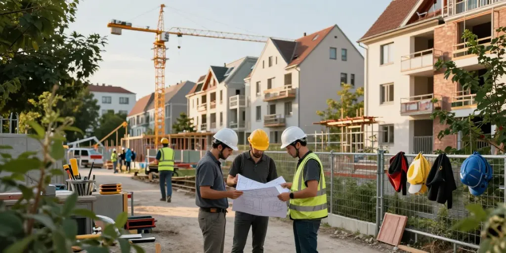 Haus Bau Wien: Bauarbeiter diskutieren Pläne auf einer Baustelle in Wien.