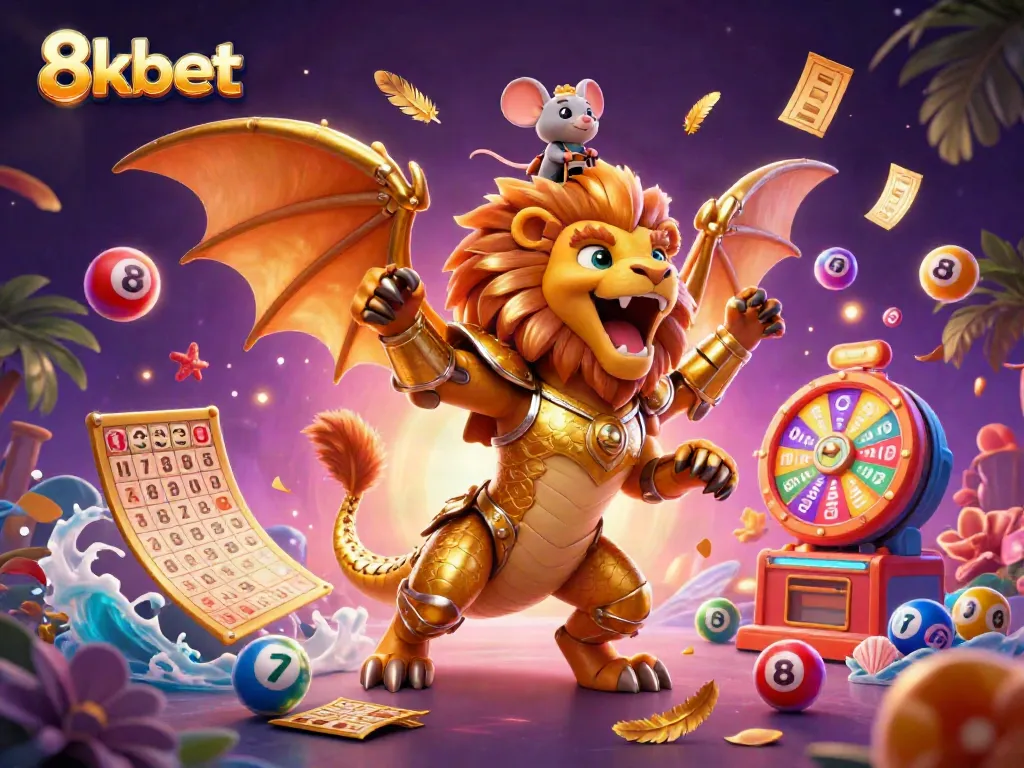 Experience the excitement of 8kbet where a chimera creature and mouse jockey ride amidst colorful lottery elements.