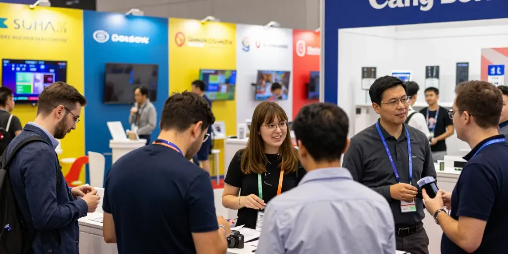 Exhibitor representatives engaging with attendees at a trade show, showcasing products and networking.