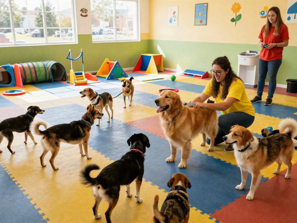 Dogs playing joyfully at a daycare, showcasing a lively atmosphere alongside depo 10k details and care